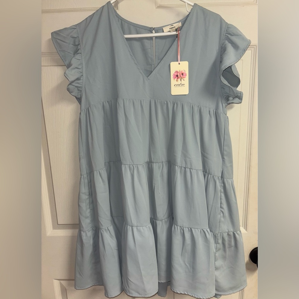Entro Blue Ruffled Tiered Sundress with Flutter Cap Sleeves